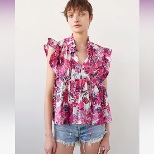 Chufy Women's Pink Ellis Shirred Flutter-Sleeve Blouse Top Size M NWT